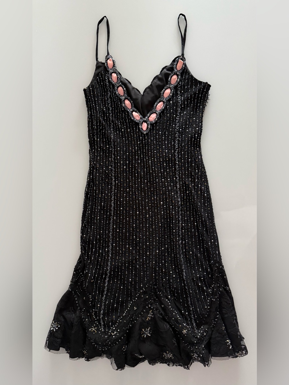 Black & Pink Silk Beaded Evening Gown Dress - Size M - Vintage - *Please Read* - Picture 10 of 16